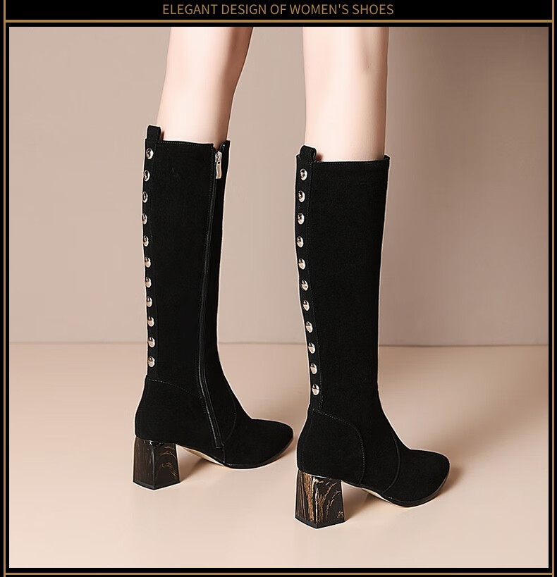 路蒙卡帝品牌粗跟高筒靴女女高跟尖头牛反皮长靴女女英伦风骑士靴女侧