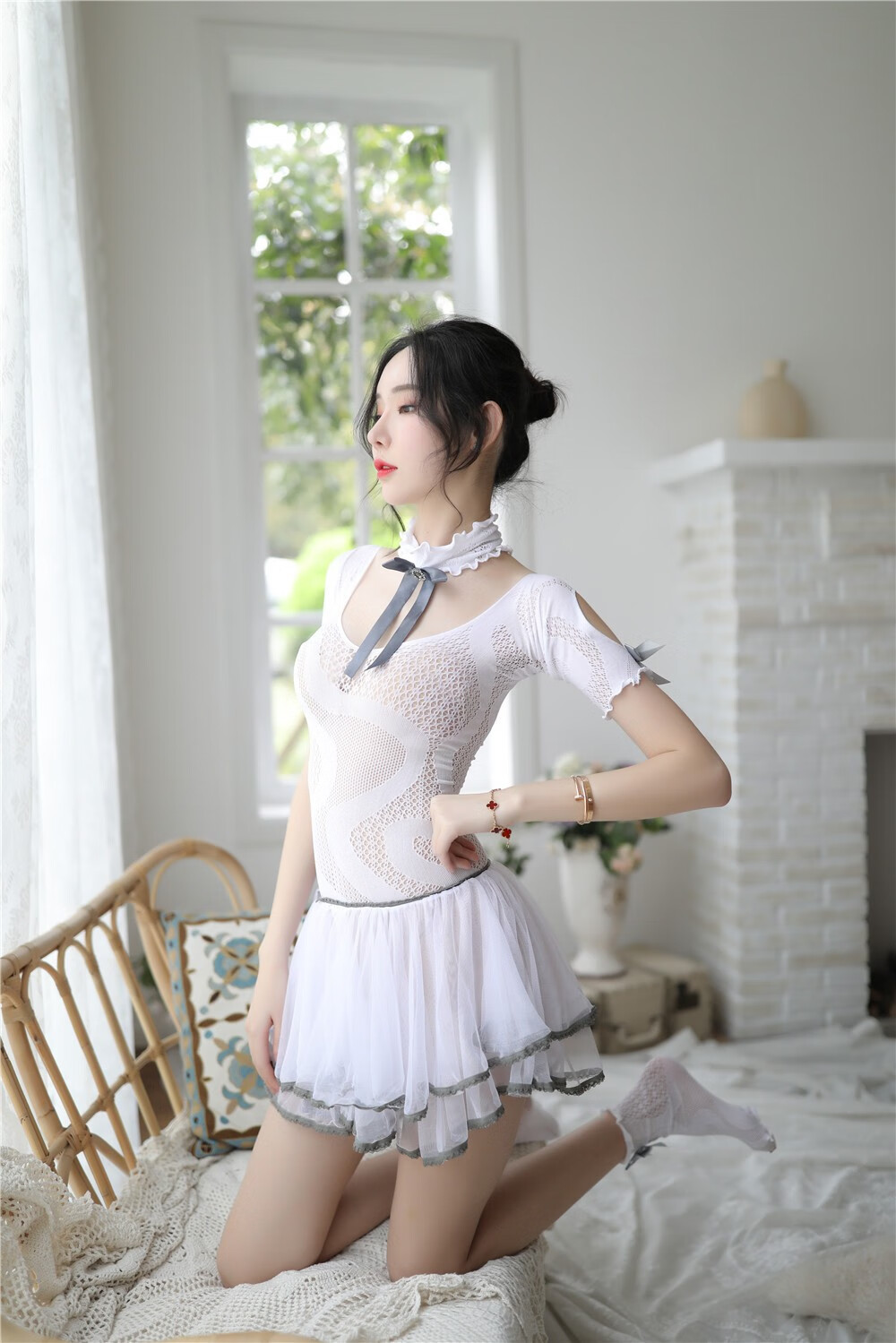 厄洛斯情趣内衣性感睡衣蕾丝网衣连体裙抹胸领结短裙大学校女生灰色