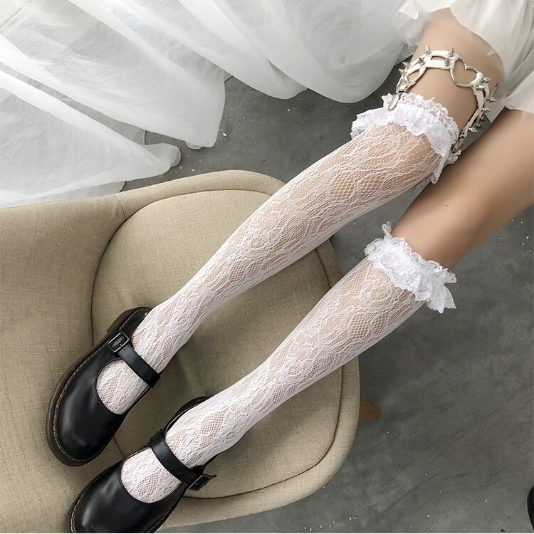 蕾丝中筒袜女过膝花边ita高筒镂空复古网红配靴子洛丽塔过膝袜 小花白