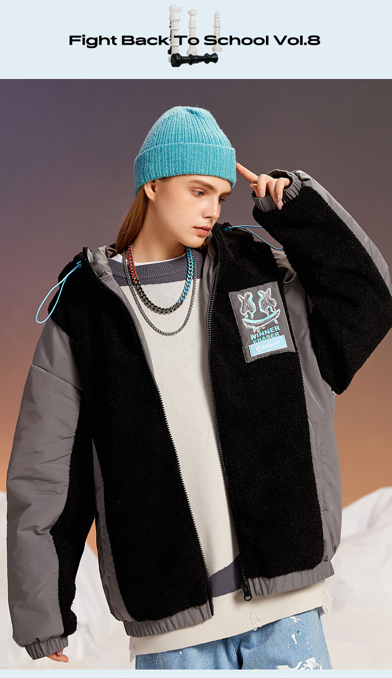 er笑脸羊羔绒拼接棉服2021年冬季新款休闲国潮宽松棉衣情侣加厚外套