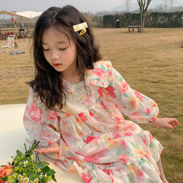 xiaofen韩版雪纺大花连衣裙2022春新款中洋气仙女裙小清新花裙子粉红