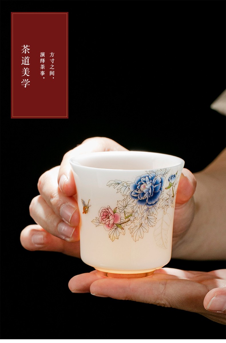 玉瓷上釉不吃茶垢堆花描金浮雕白瓷主人杯单个高档功夫茶具陶瓷茶杯