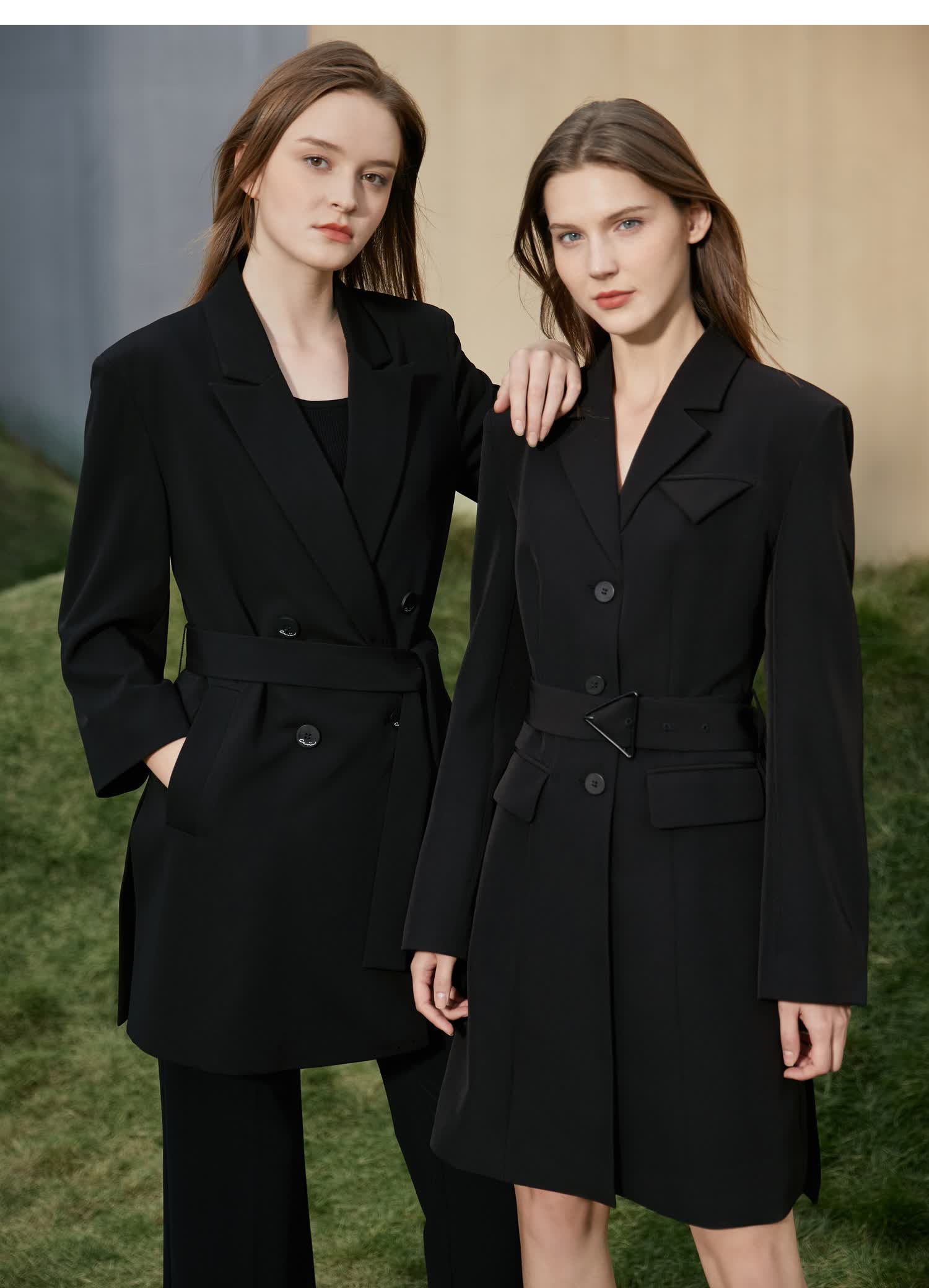 amii2022年春新款翻驳领配腰带修身黑色连衣裙职场高级感西装裙子黑色