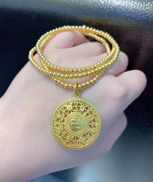 小腰金 古法金项链女士新款999足金珠珠链长款复古黄金八宝罗盘吊坠