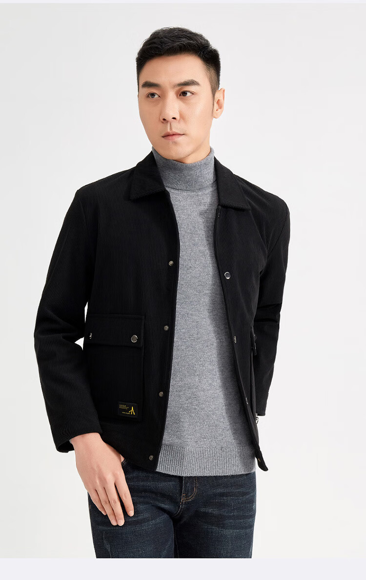 edenbo爱登堡秋冬新款夹克男外套灯芯绒大口袋翻领外套黑色170m