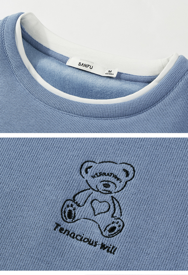 三福卫衣2021冬季女保暖加绒内里动物刺绣上衣女449089爱心熊蓝色