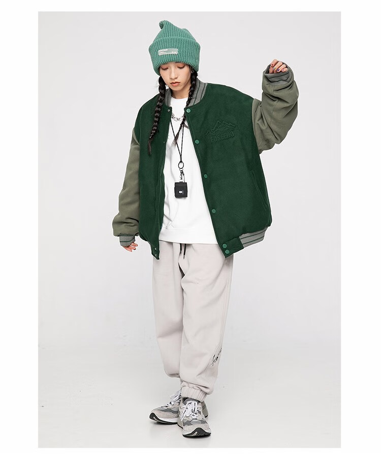 fuseeho美式复古校园风棒球夹克棉服男女情侣ins潮牌加厚棉衣 绿色