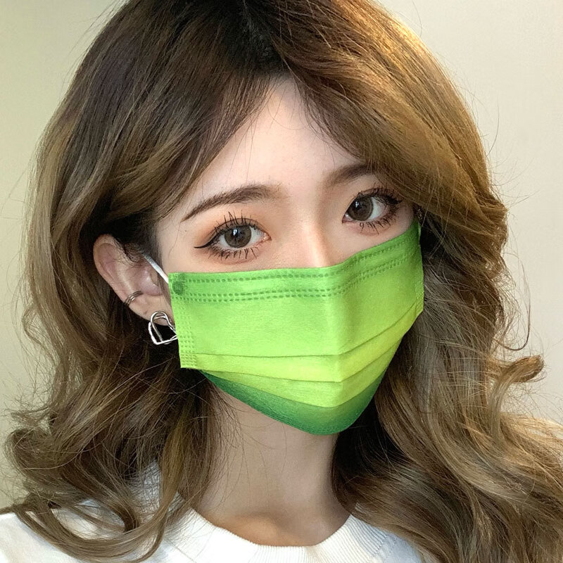 渐变色绿色口罩一次用性三层女夏季可爱创意个性一次囗罩女神时尚渐变