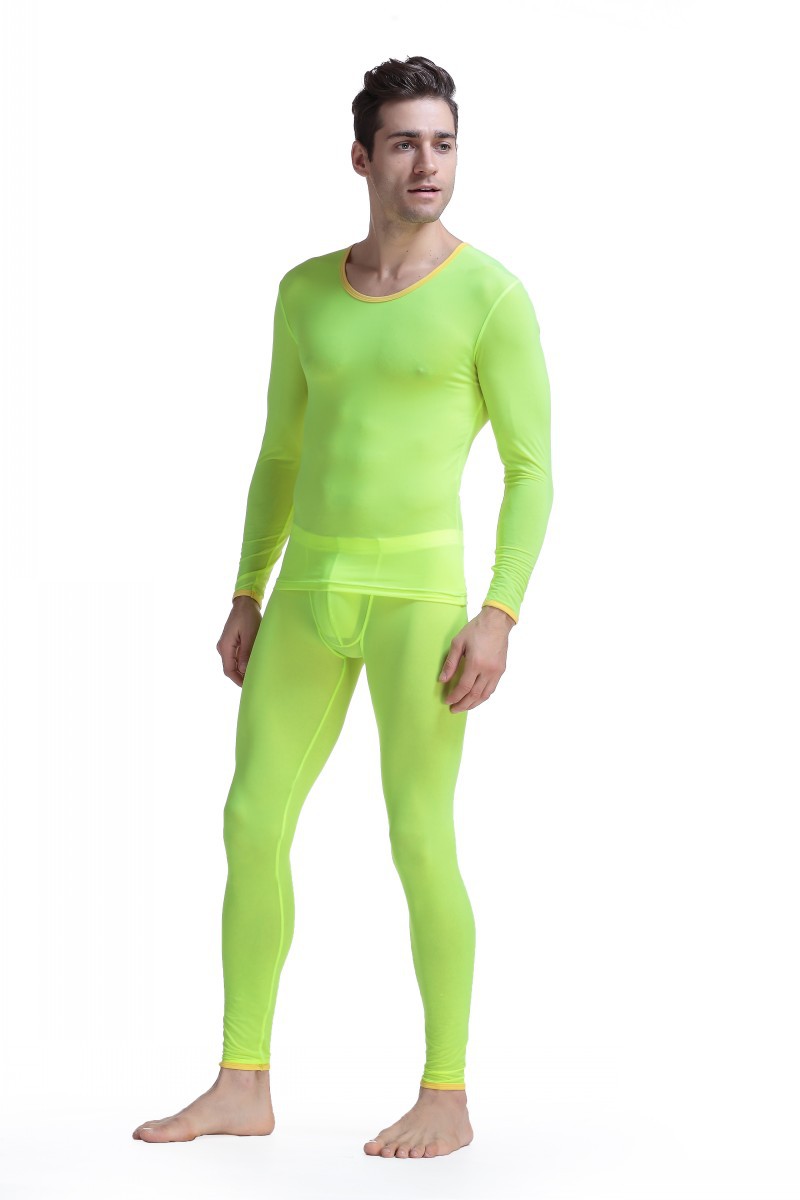 男士高腰冰丝打底秋裤男士打底内衣裤高弹冰丝款半透明秋裤秋衣气长裤