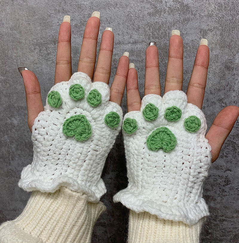 小熊手套手工编织夏天女毛线自制手织半指可爱猫爪手套礼物lj小熊手套