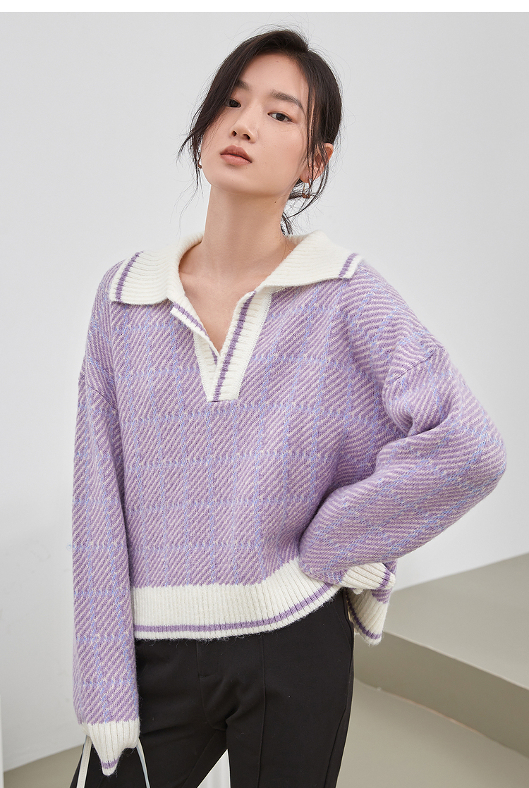 伊布都ibudu2021冬季格纹肌理感针织衫翻领套头毛衫宽松休闲舒适 紫色