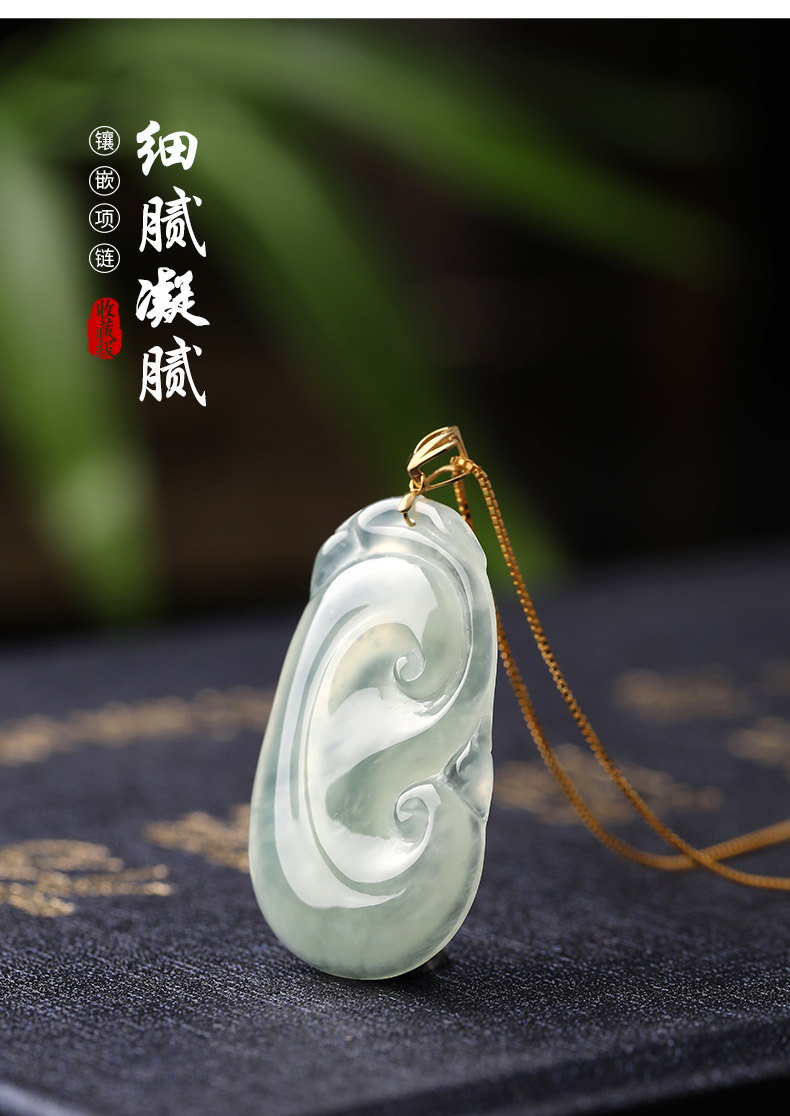 祥祯福翡翠吊坠女玉如意挂坠冰种飘花18k金扣镶嵌925银项链