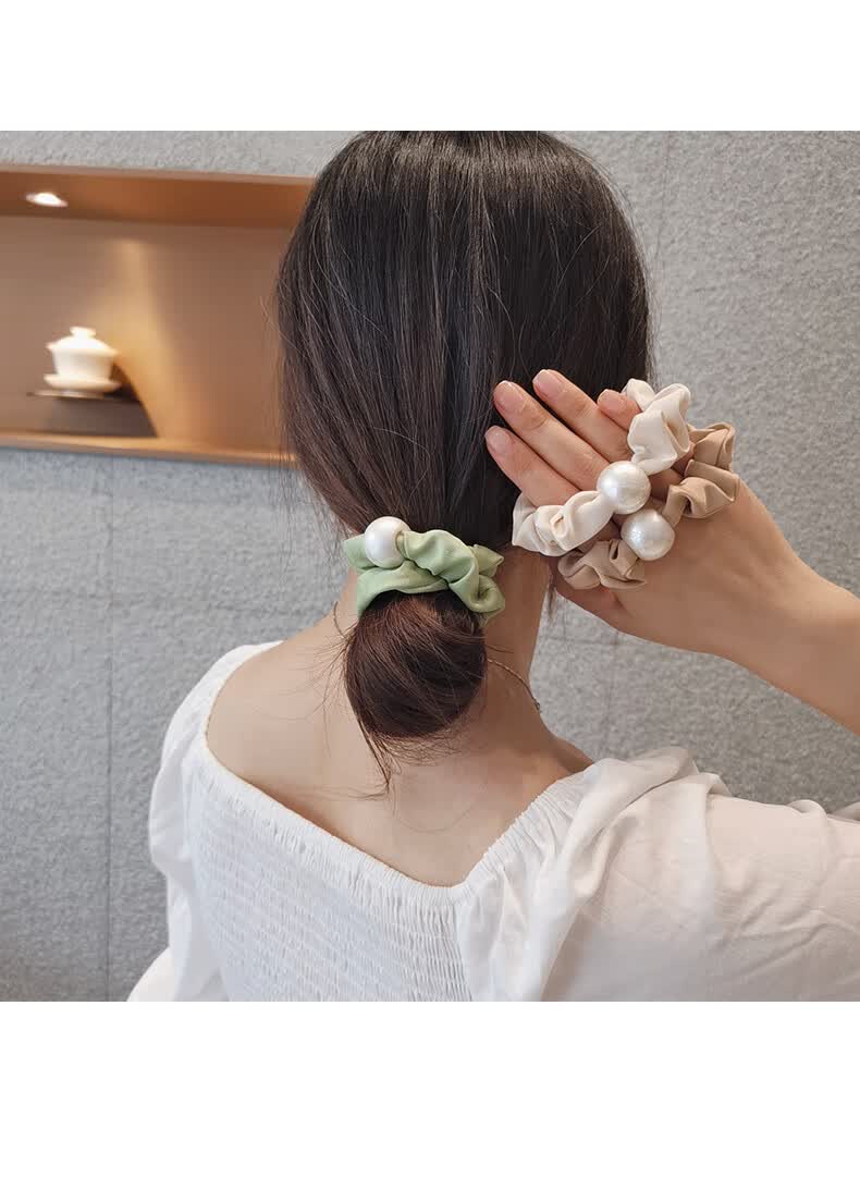 网红韩国时尚珍珠法式猪大肠发圈丸子头皮筋女扎头发绳气质头绳淡红