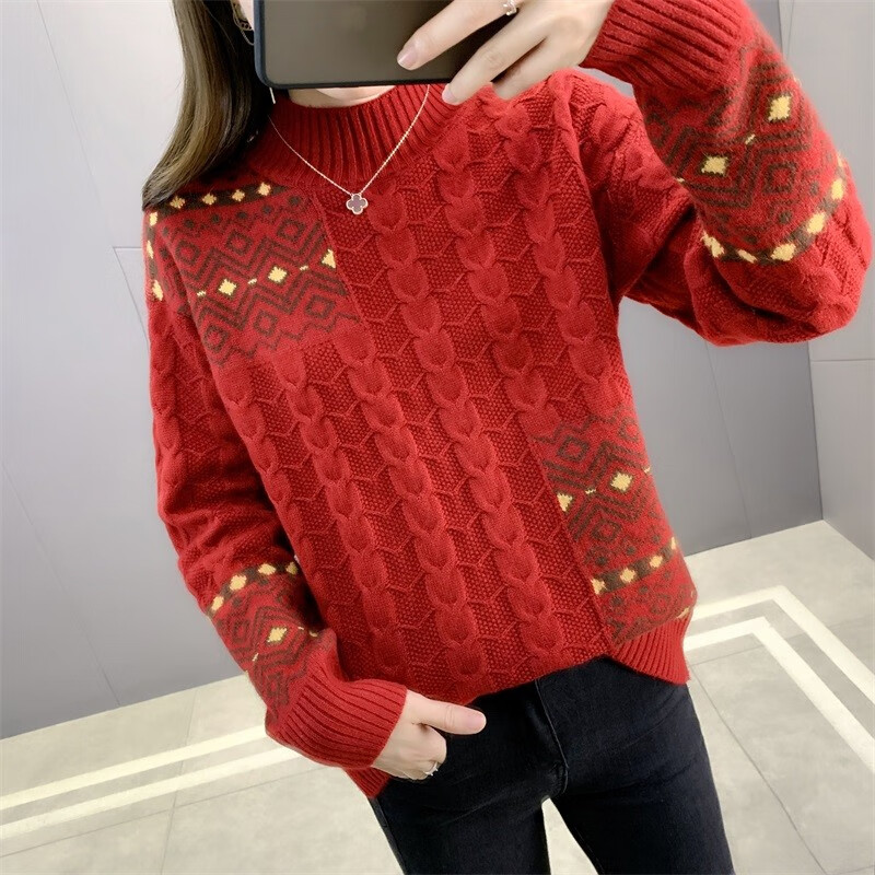 吻瑷针织衫女2021年新款秋冬毛衣女装夹色半高领麻花套头长袖单件女装