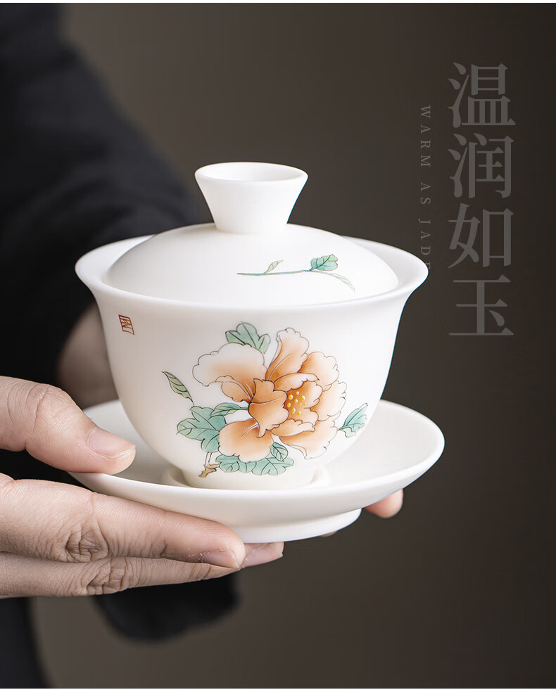 聚山堂德化白瓷羊脂玉瓷三才盖碗手绘茶碗单个高档功夫泡茶碗礼盒装