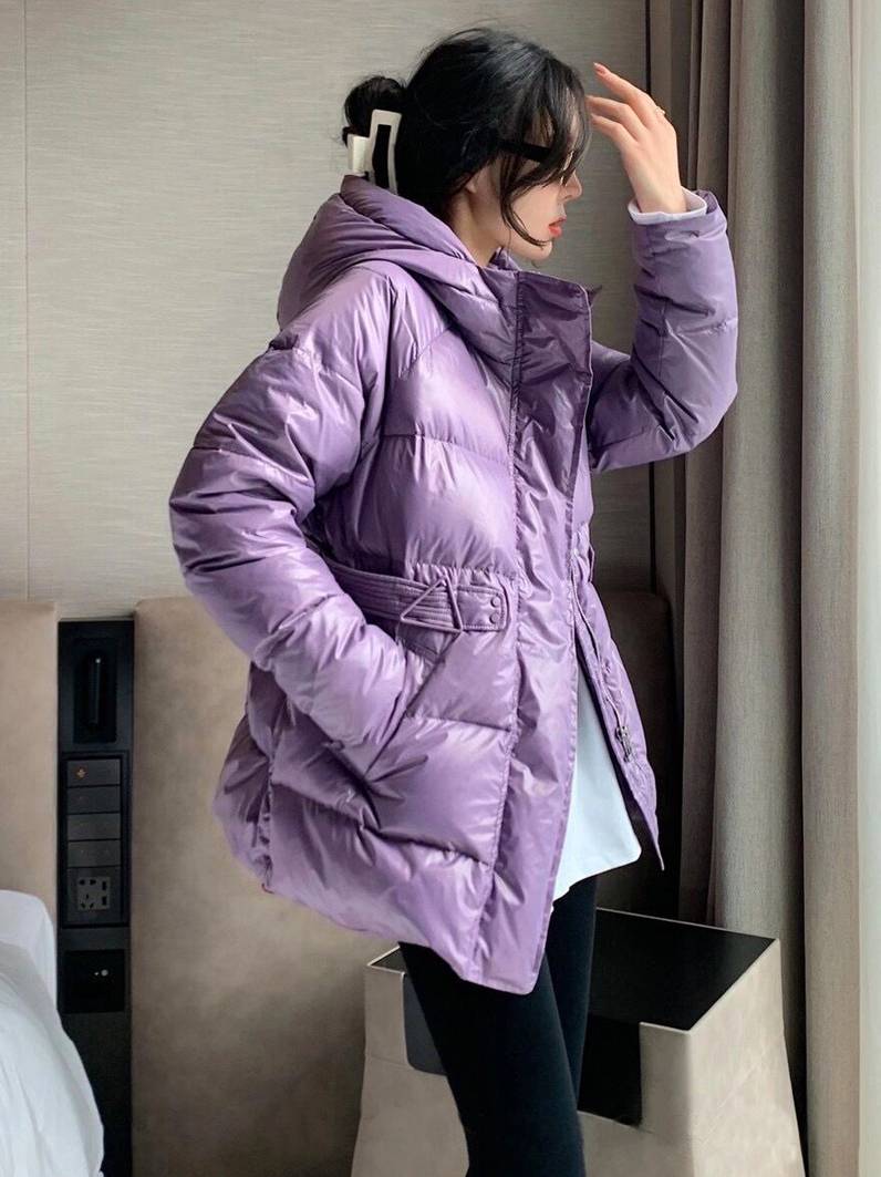 恒源祥羽绒服女紫色小个子亮面收腰冬新款韩版白鸭绒连帽气质时尚女生