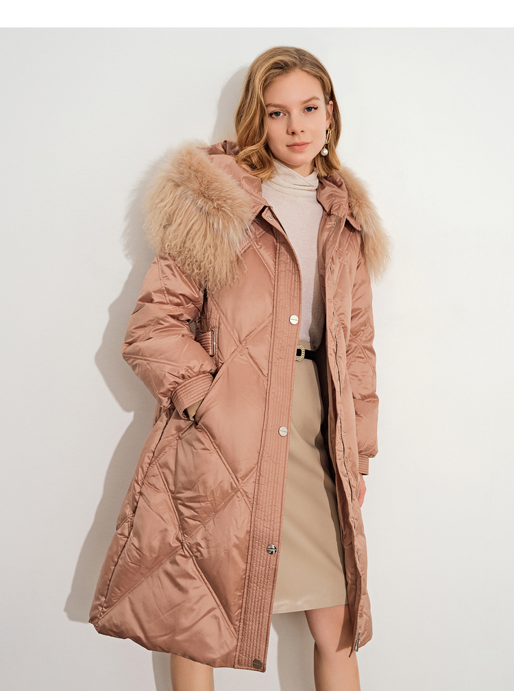 psalter诗篇影儿女装2021冬季新款宽松长款连帽毛领白鸭绒羽绒服 杏色