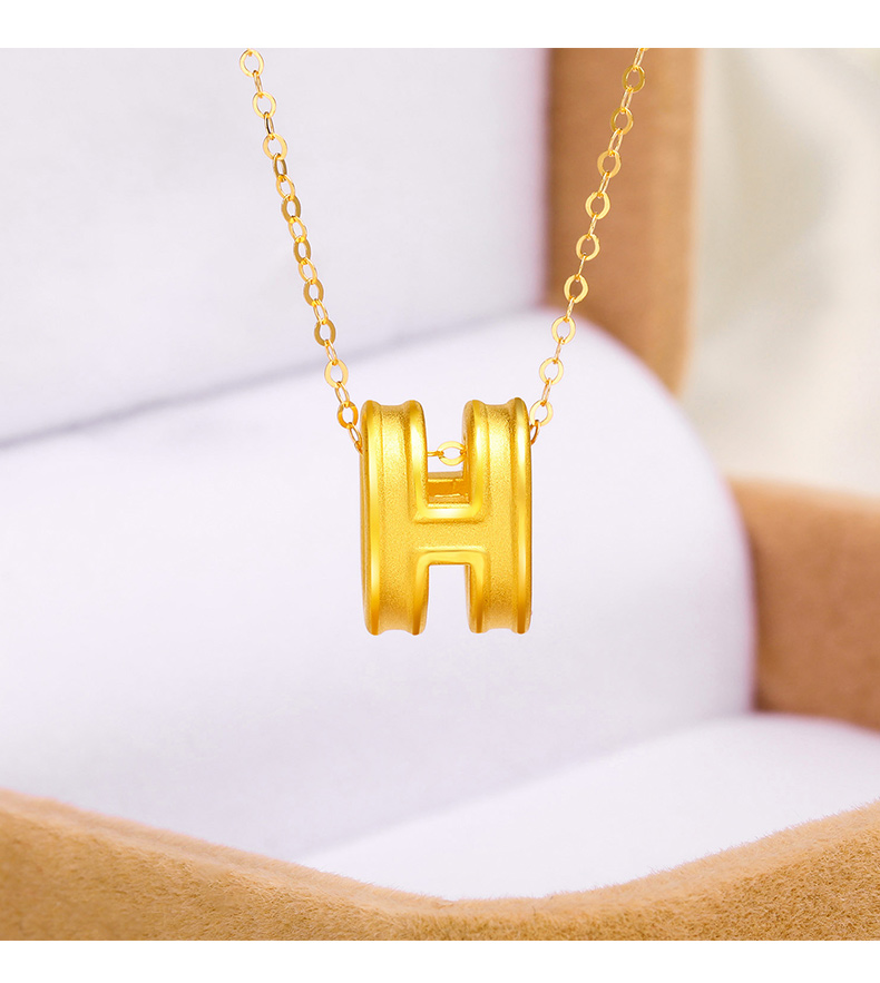 黄金h字母吊坠足金999项链套链细新款时尚3d硬金首饰路路通送女友足金