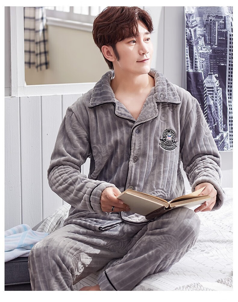 ck 冬季睡衣男珊瑚绒加厚加绒男士开衫法兰绒秋冬款家居服春秋套装