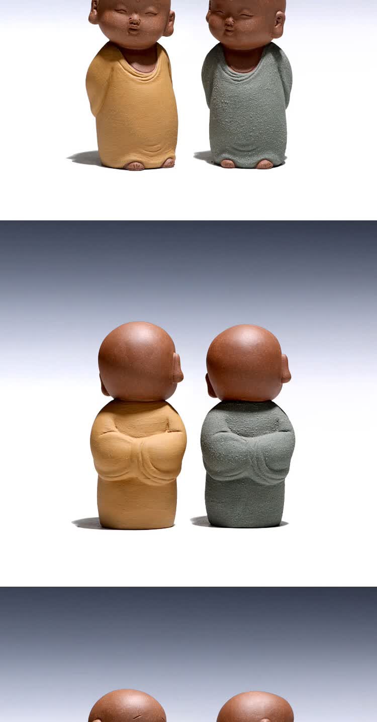 宜兴原矿紫砂全手工功夫茶道配件茶宠摆件静观小和尚绿衣款