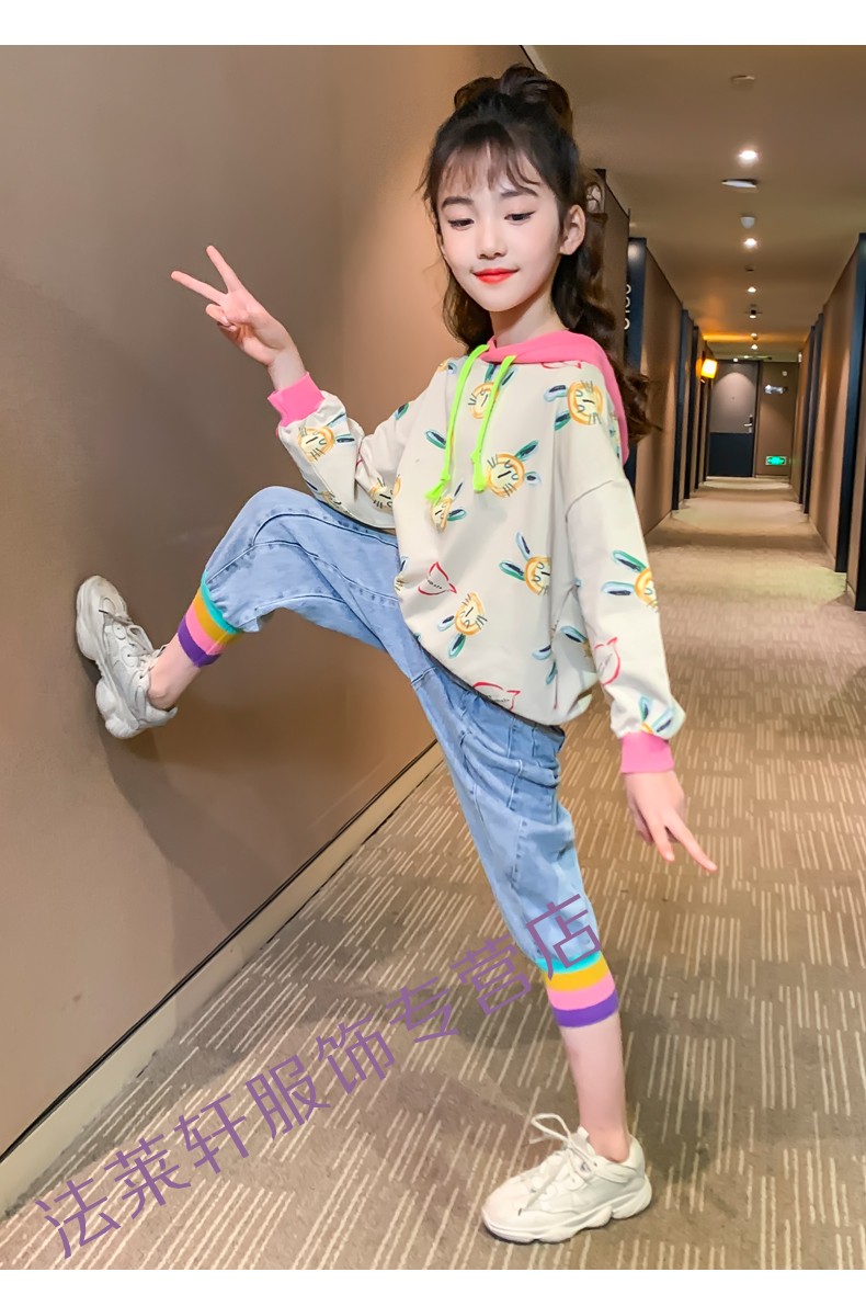 适合212岁小孩子穿的女童套装春装2022新款韩版儿童时髦连帽卫衣女孩
