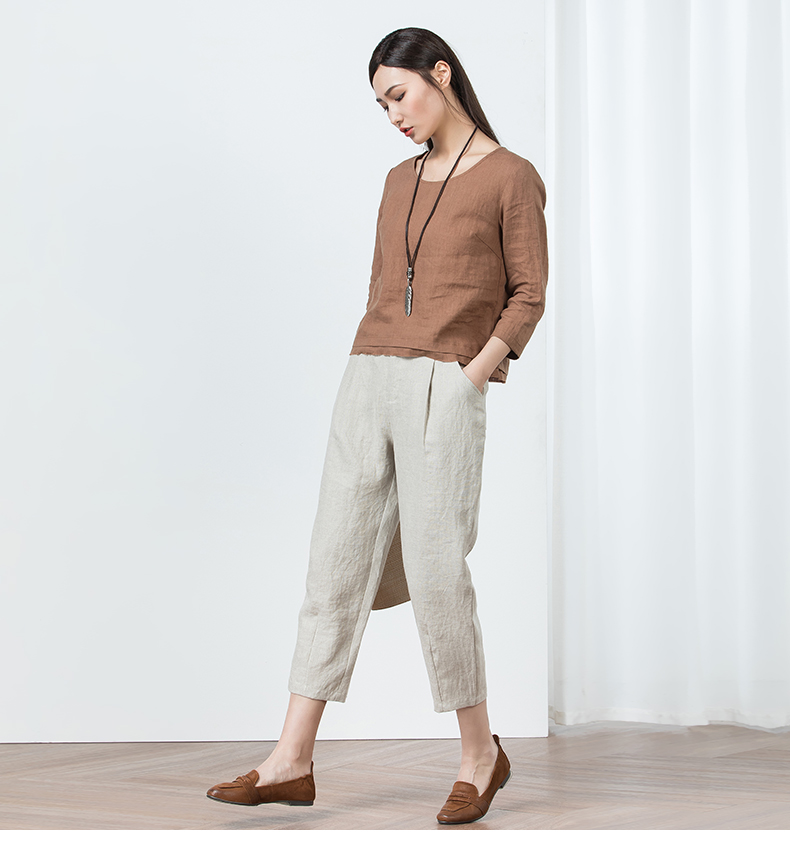 拉夏贝尔七分亚麻裤女宽松棉麻哈伦裤休闲老爹萝卜裤麻料女裤夏季薄款