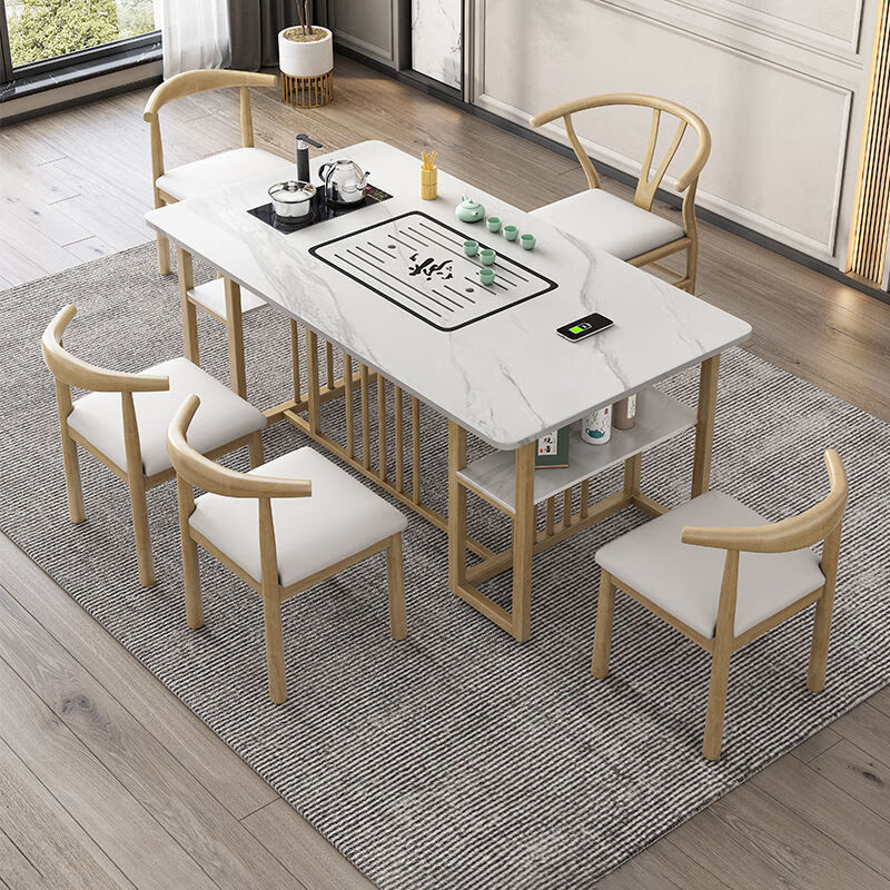 茶桌椅组合岩板茶桌办公家用一体茶台铁艺现代简约功夫套装泡茶桌黑色