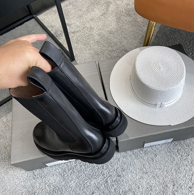 wang2022冬bv切尔西靴新款真皮烟筒短靴子英伦风厚底马丁靴女 黑色中