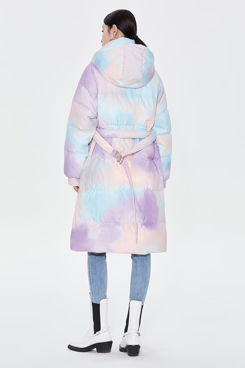 five plus2021新款女冬装个性喷染羽绒服女腰带收腰白鸭绒长外套 彩色