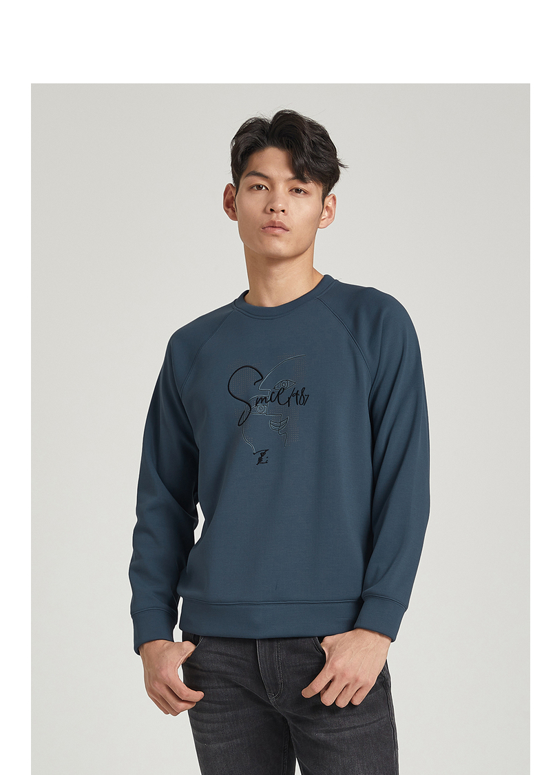 利郎加绒卫衣男保暖2021冬装新款插肩袖刺绣印花时尚长袖t恤 湖蓝(g1