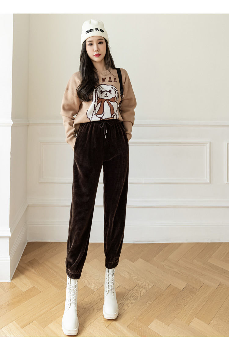 冬季加绒休闲裤女2021冬季新款网红雪尼尔条绒哈伦裤女秋季韩版宽松