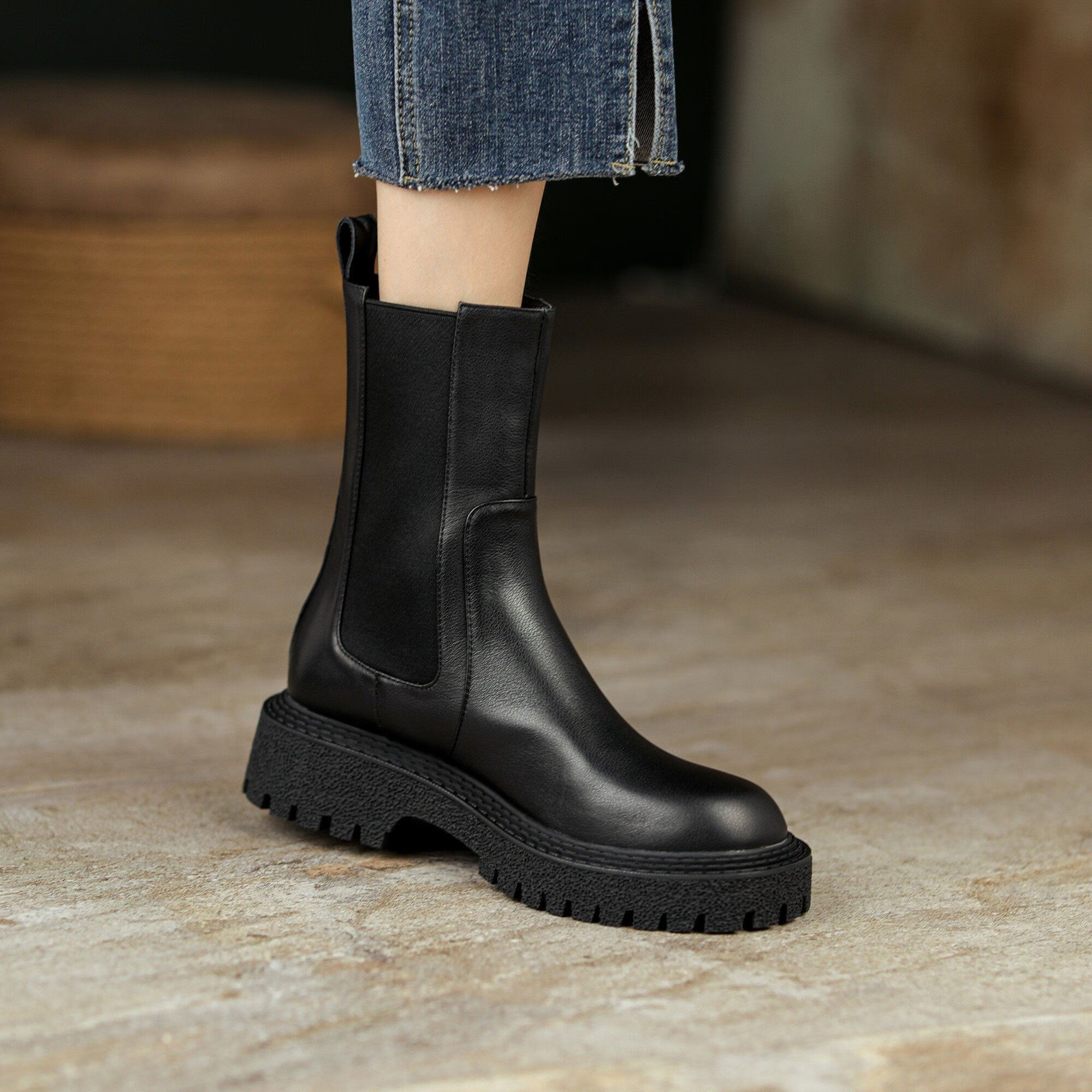 ck 2022秋冬新款厚底真皮烟筒靴女英伦风切尔西靴短靴圆头马丁机车靴