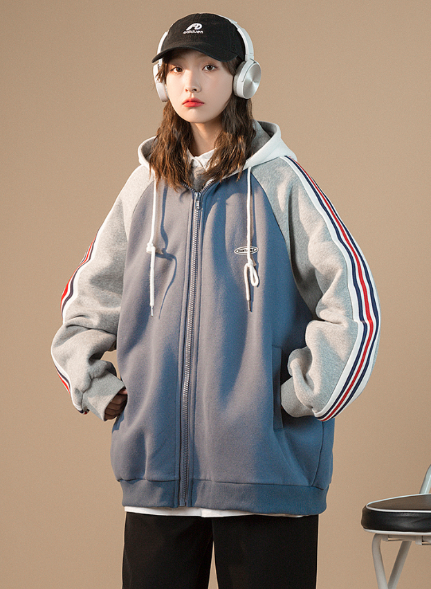 棒球服外套女运动风撞色外套女2021年秋冬新款韩版慵懒风连帽开衫卫衣