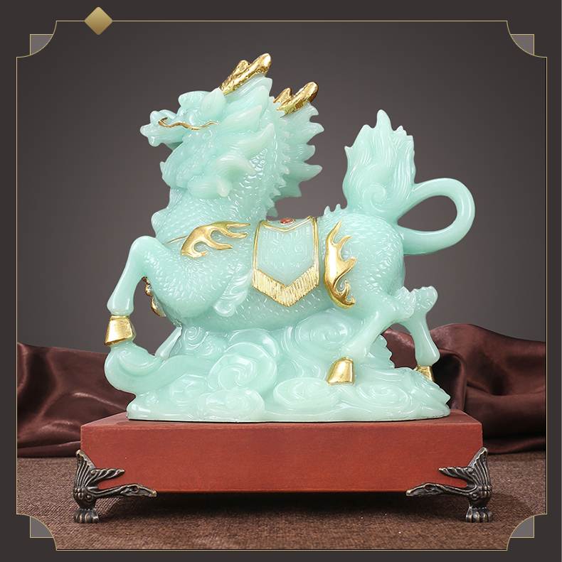 鑫大华威玉石麒麟摆件一对家居客厅酒柜门口玄关办公室桌装饰乔迁新居