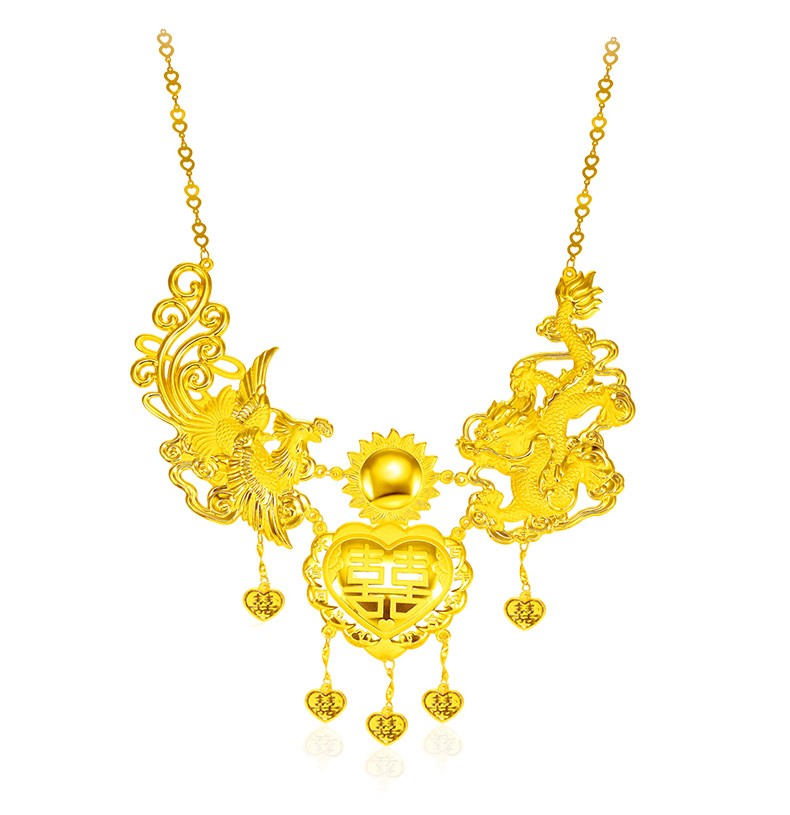 9足金结婚套链 龙凤呈祥黄金项链 婚庆首饰套装 黄金龙凤结婚链牌