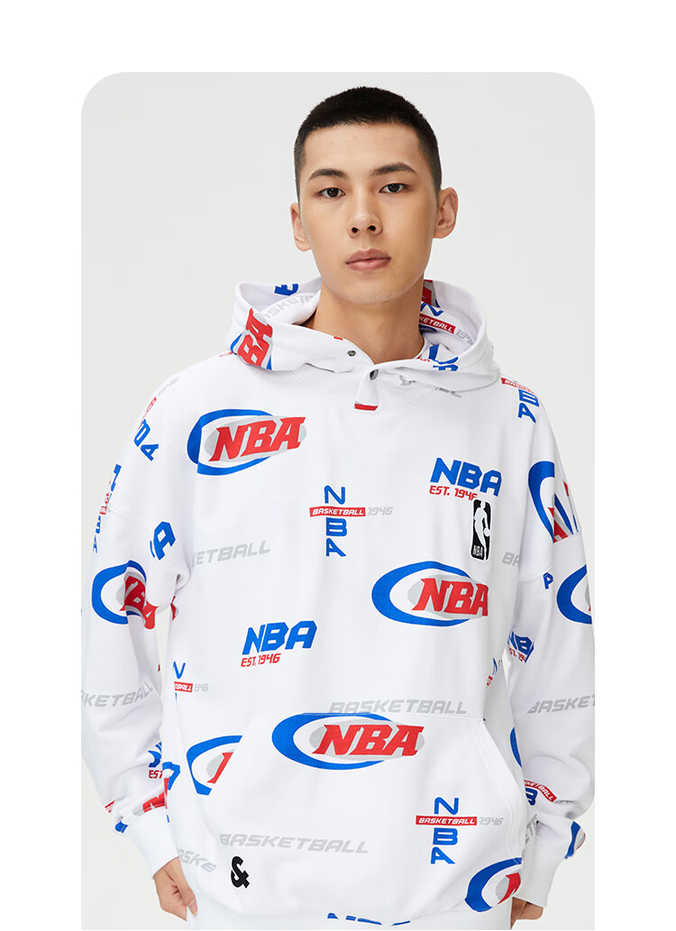 杰克琼斯nba联名款百搭时尚oversized版型连帽设计卫衣222433167白色