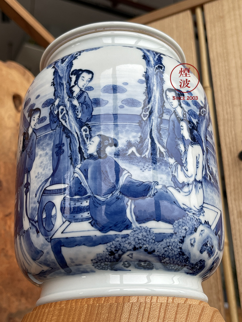 烟波 景德镇九段烧 手绘青花瓷器 九段心传 仕女 茶叶罐 茶仓【图片