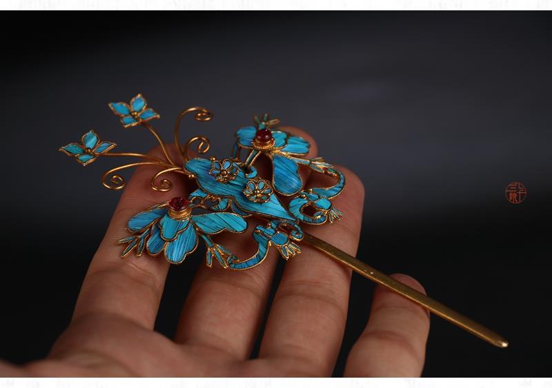 贡弗景泰蓝仿点翠蝴蝶发饰发簪银鎏金发钗复古风头饰中式新娘配饰女