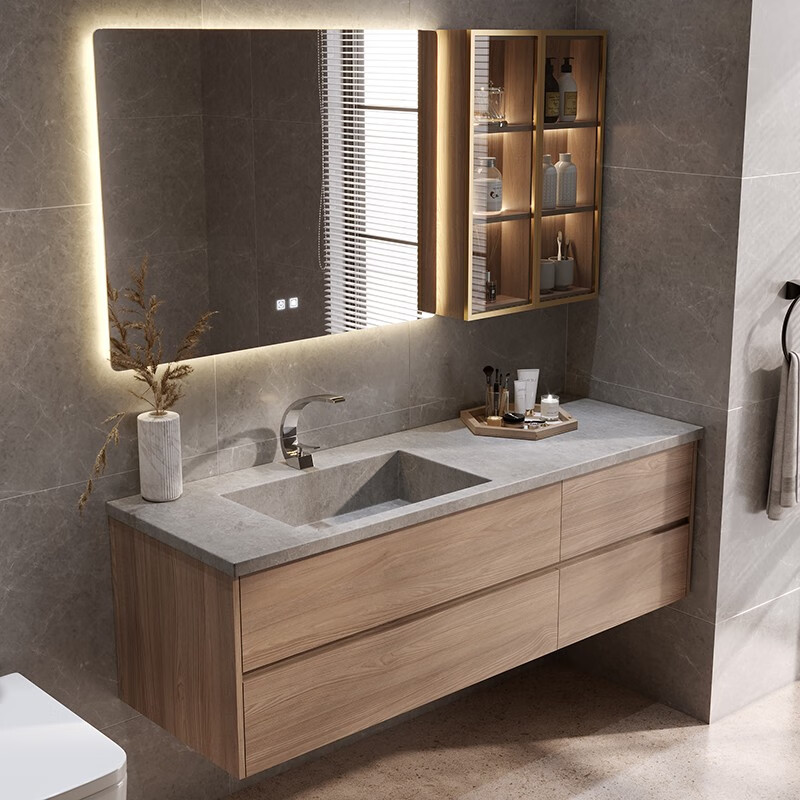 希恩泰岩板一体台盆浴室柜组合现代简约卫生间洗漱台实木卫浴柜洗脸盆