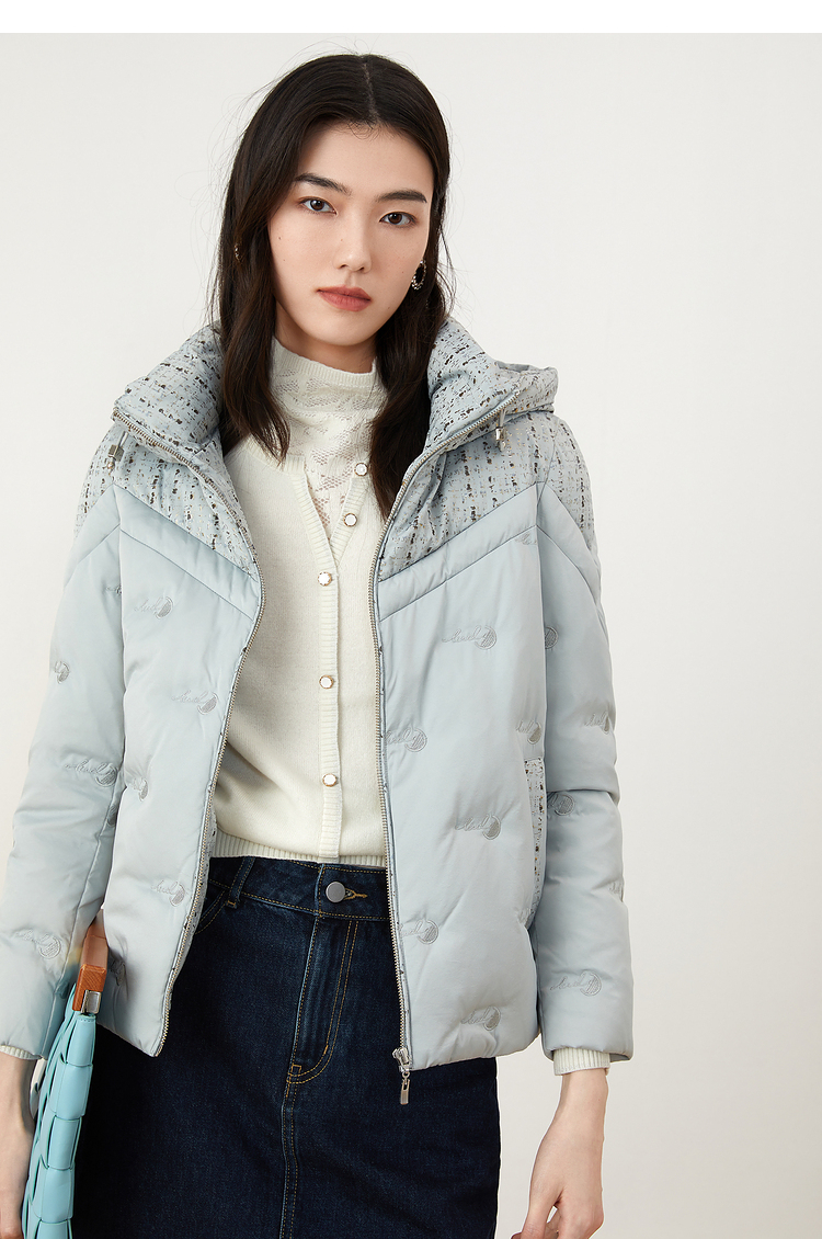 yiner音儿女装冬季新款短款绣花连帽羽绒服浅绿44