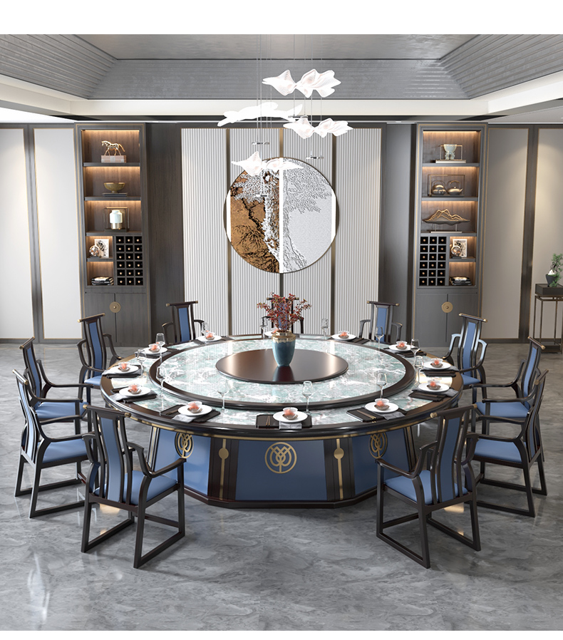 欧商酒店电动圆桌餐桌大圆桌现代简约大理石岩板餐桌椅组合隐形电磁炉