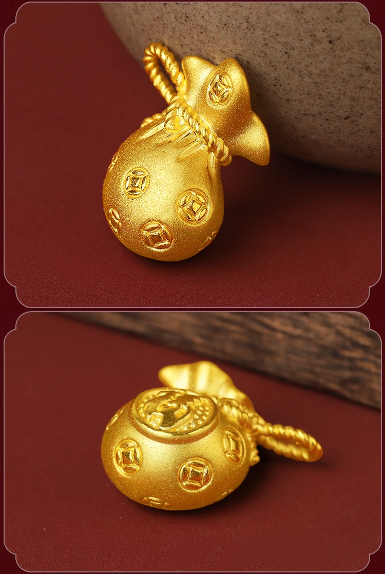 老凤凰同款足金999金钱福袋吊坠男女款黄金项链3d硬金招财福字挂坠