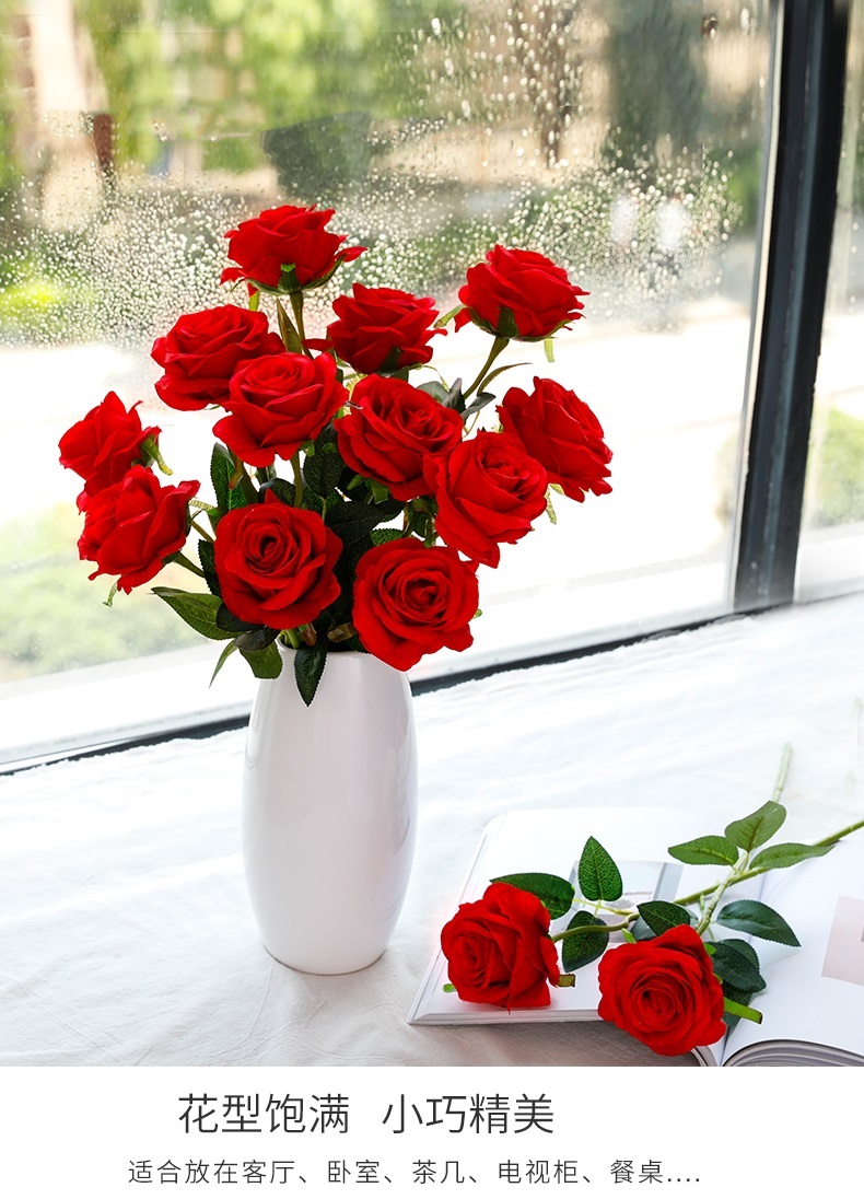 塑料花束礼假花客厅餐桌摆件插花干花摆设新年装饰贵妃玫瑰大红十支