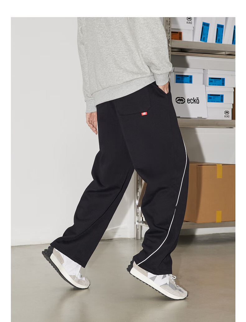 ecko犀牛休闲裤男潮牌2021冬季新款拼接反光条字母刺绣针织系带直筒