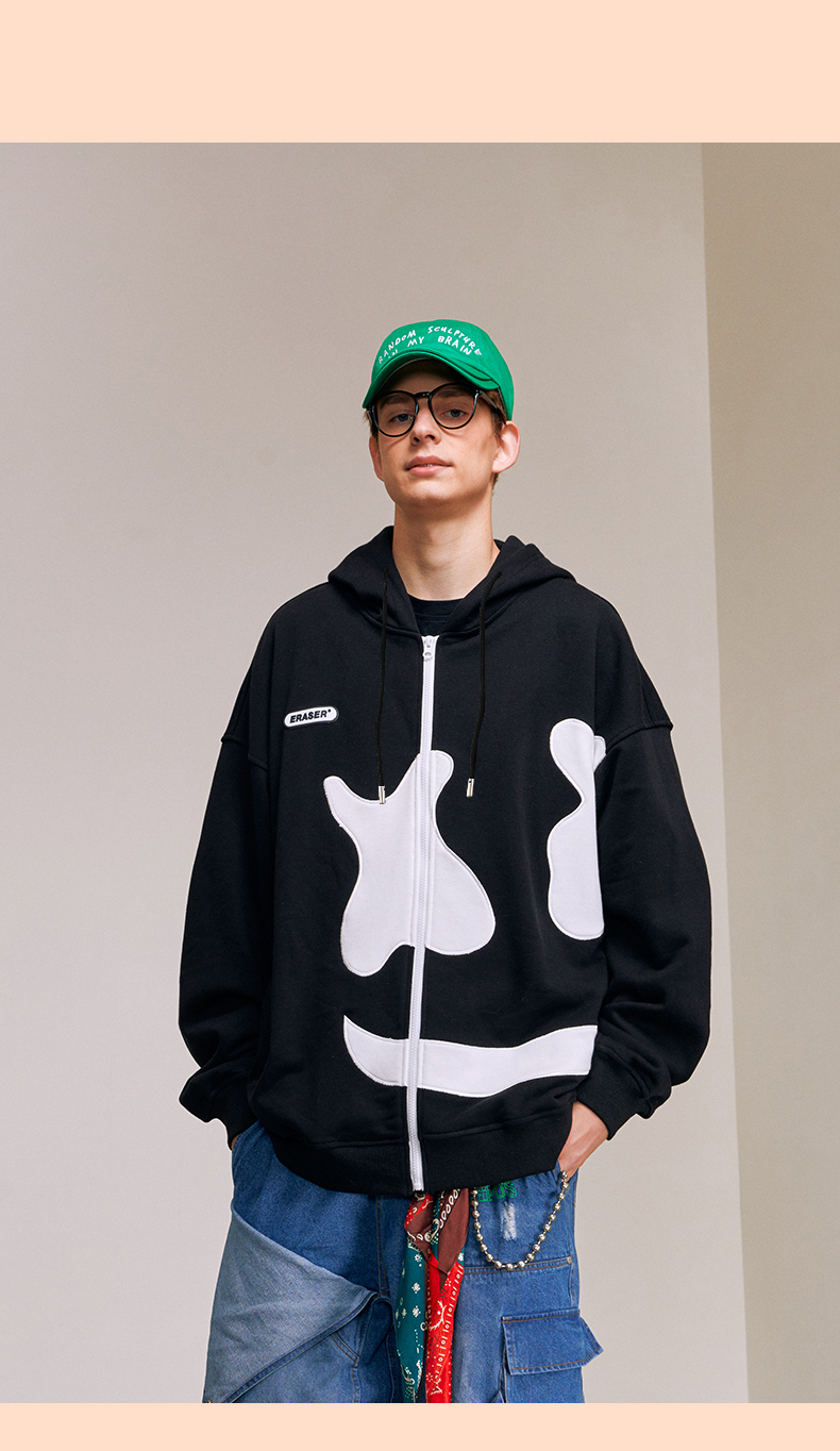 er笑脸大logo卫衣男国潮2022春新款街头休闲宽松连帽开衫上衣外套黑色