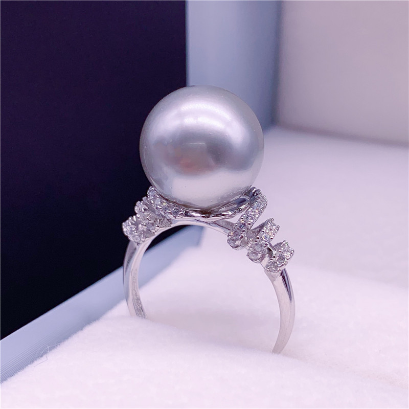 925银镶钻珍珠戒指正圆开口指环 黑珠银拖 12-13mm【图片 价格 品牌