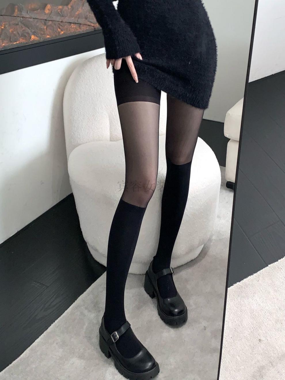 22春夏款ins黑丝拼接性感jk连裤袜天鹅绒假小腿黑丝袜女简约 【拼接】