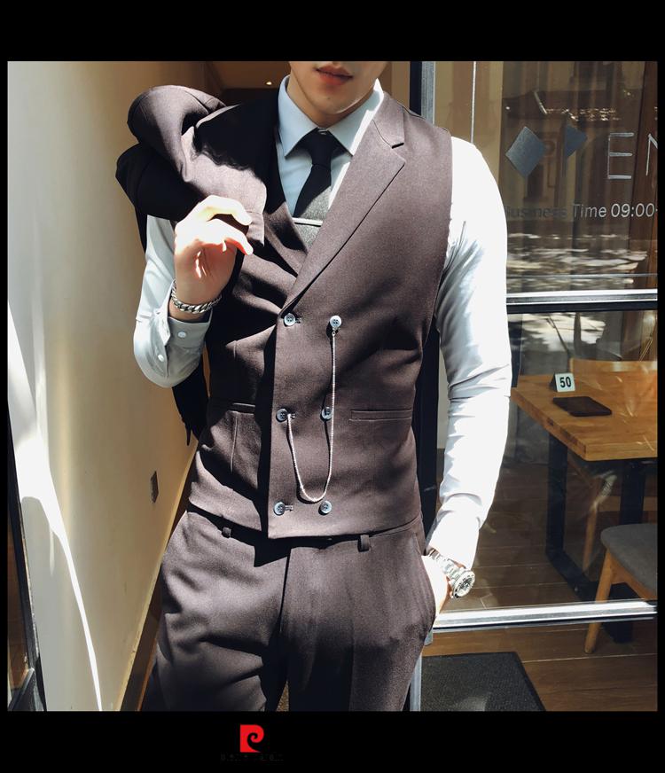 皮尔卡丹西装马甲男套装韩版潮流修身英伦风春秋男士商务正装西服马夹