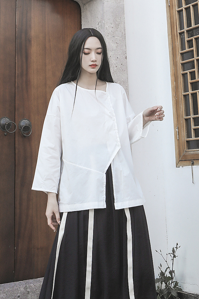 如素慢衣夏季新款简约文艺舒适高密棉立体裁剪开叉不规则衬衫女30560