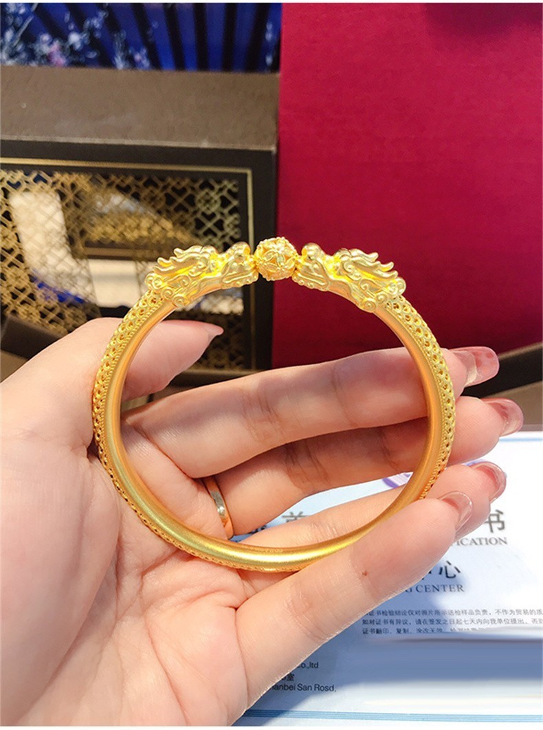 玺阅珠宝双龙戏珠手镯女足金999古法黄金镯子花丝镂空足金镯子女士
